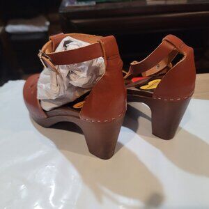 Swedish Hasbeens Womens Leather Ankle Strap Clog Heels Cognac Brown Sz 39( 9 )